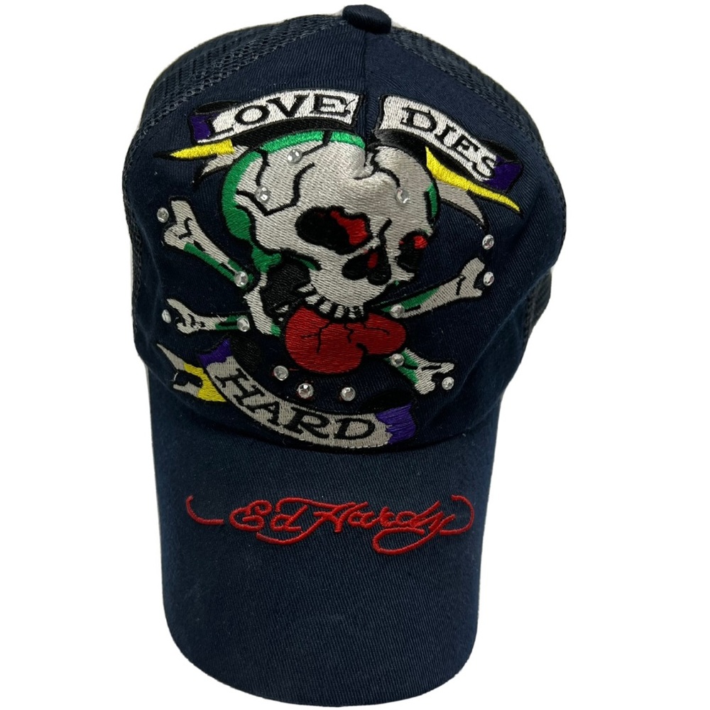 Vintage Y2K Early 2000s Ed Hardy “Love Dies Hard” Rhinestone Trucker Hat
